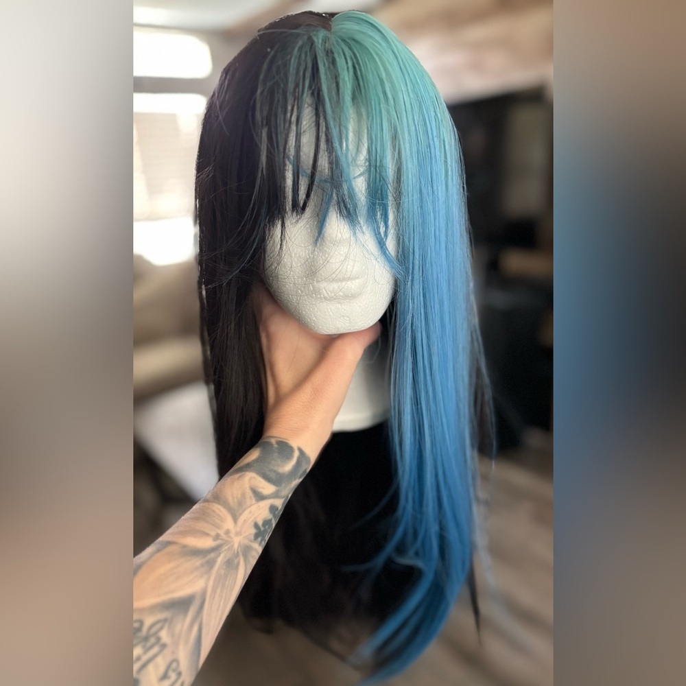 Black and blue wig